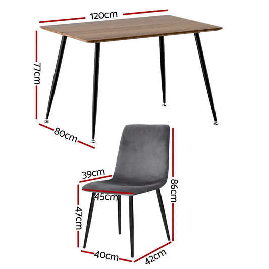 1 Dining Table and 4 Chairs Set Grey Velvet