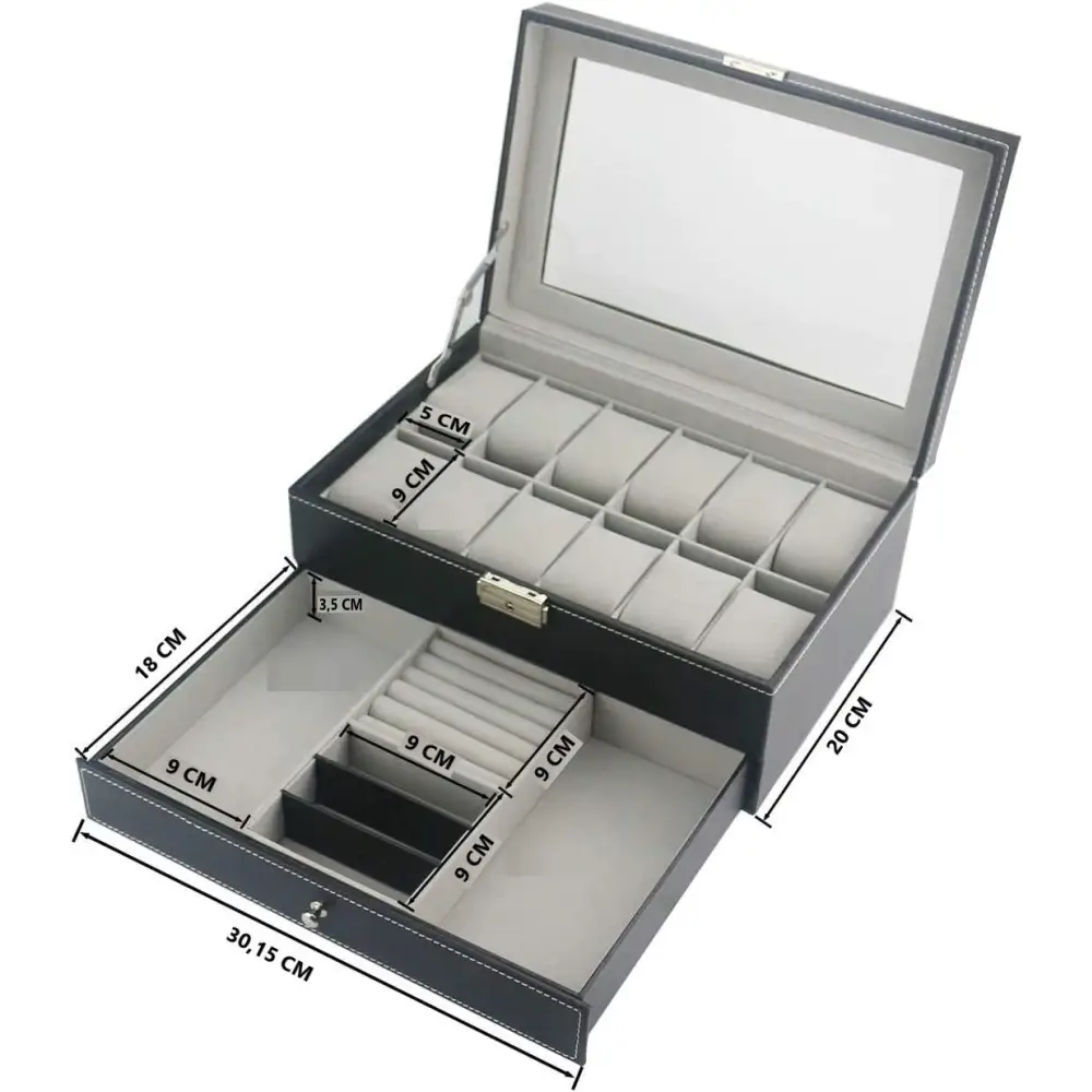 12 Slot Pu Leather Lockable Watch and Jewelry Storage Boxes (black) | Black Leather Watch Jewelry Display