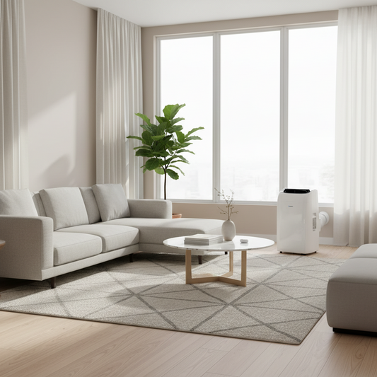 A modern living room with a light beige sectional sofa, a round white coffee table on a patterned rug, a large potted plant, and a white portable air conditioner near the window.