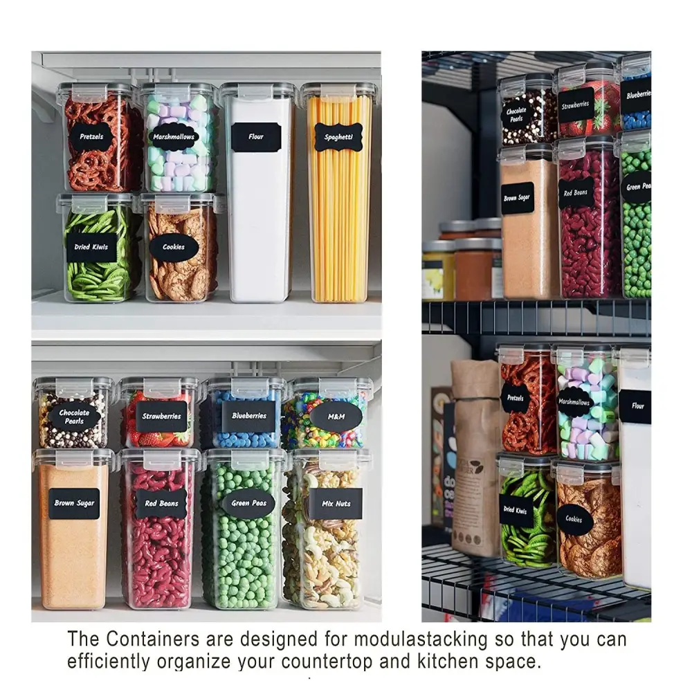 14 Pieces Airtight Food Storage and Bpa Free Plastic with Easy Lock Black Lids Labels for Kitchen | Clear Plastic Food