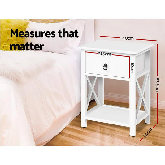2 x Bedside Table 1 Drawer with Shelf - Emma White