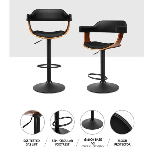 2x Bar Stools Gas Lift Leather W/armrest All Black