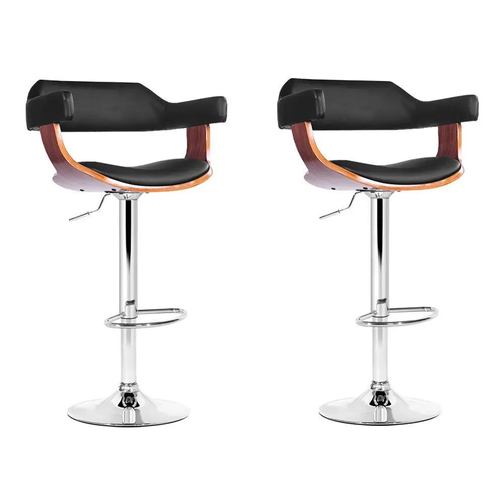 2x Bar Stools Gas Lift Leather W/armrest Black
