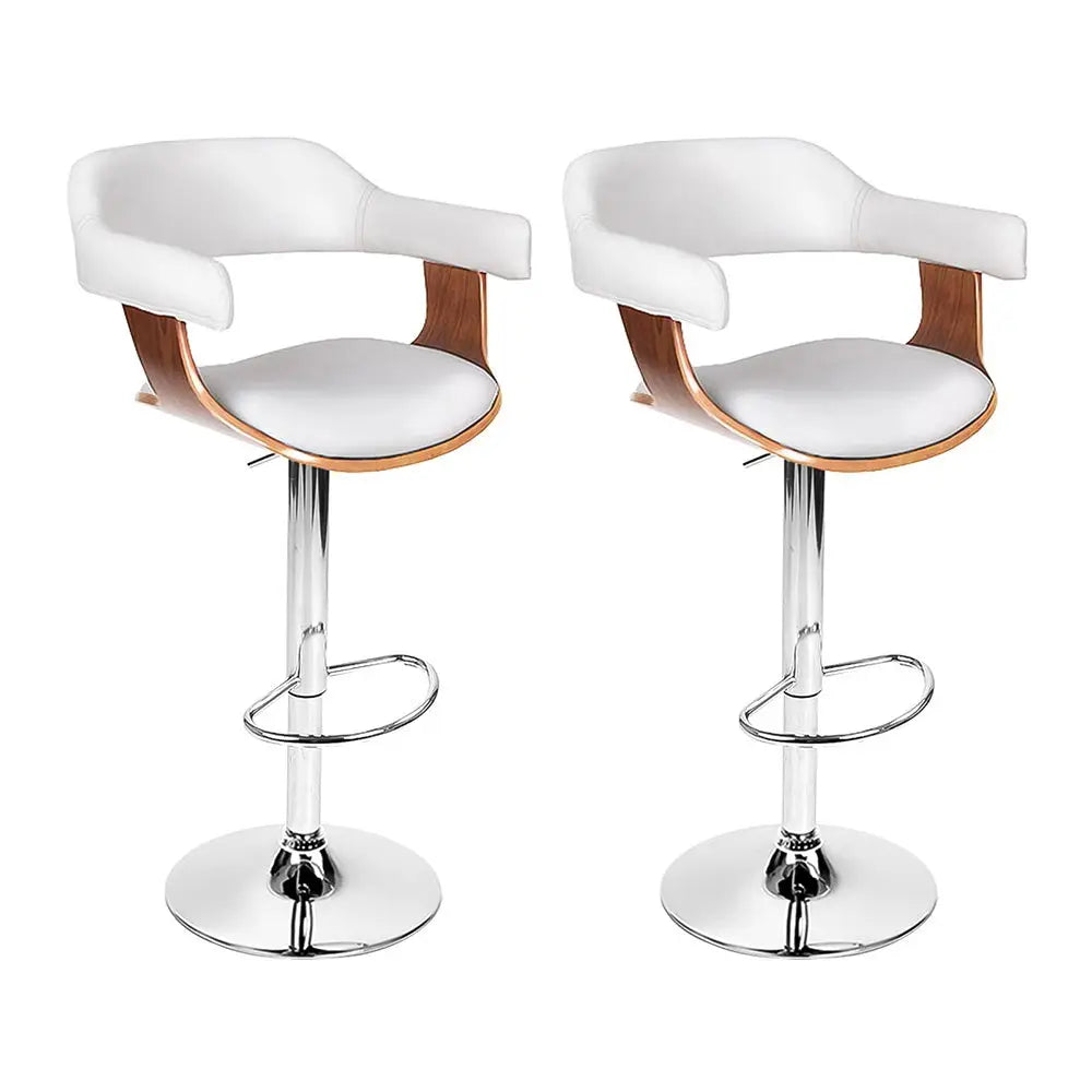 2x Bar Stools Gas Lift Leather W/armrest White