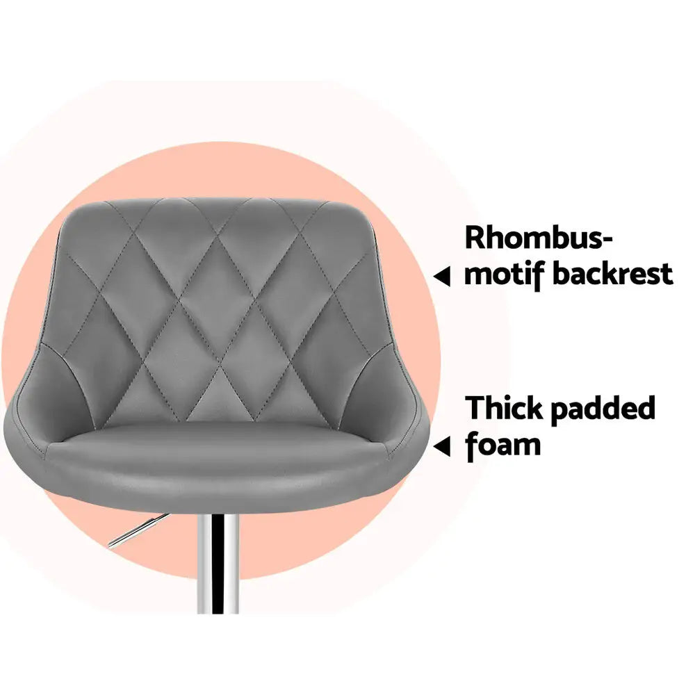 2x Bar Stools Leather Padded Gas Lift Grey