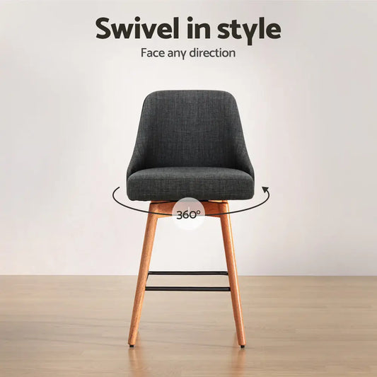 2x Bar Stools Swivel Seat Wooden Charcoal