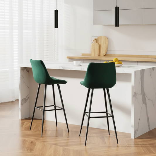 2x Bar Stools Velvet Green Matt Black Metal Legs