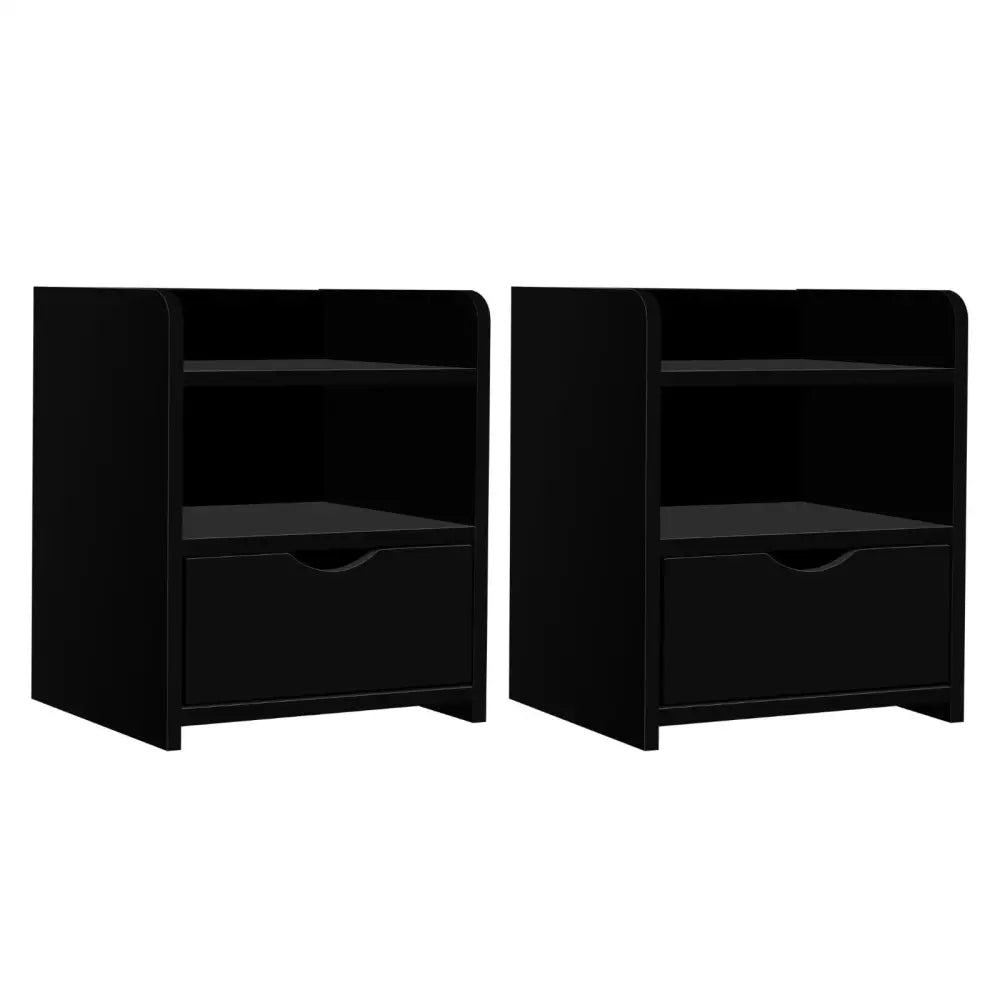 2x Bedside Table 1 Drawer with Shelf - Fara Black