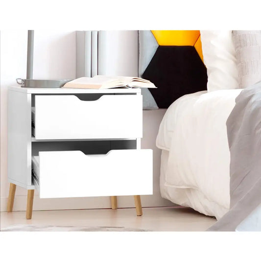 2x Bedside Table 2 Drawers - Boden White