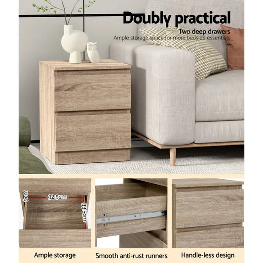 2x Bedside Table 2 Drawers - Pepe Oak