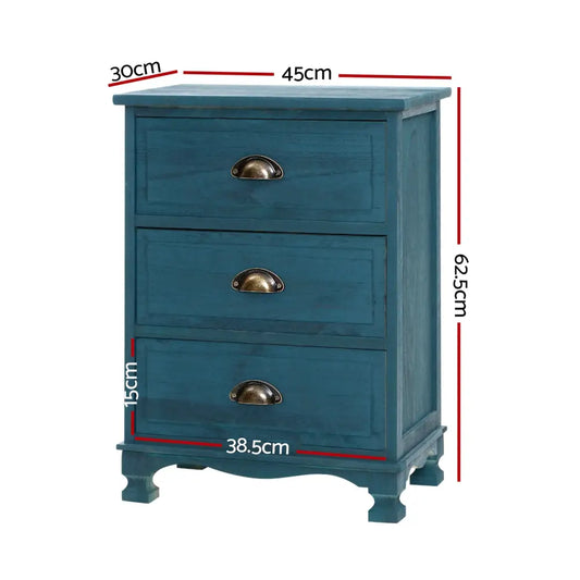 2x Bedside Table 3 Drawers Vintage - Thyme Blue