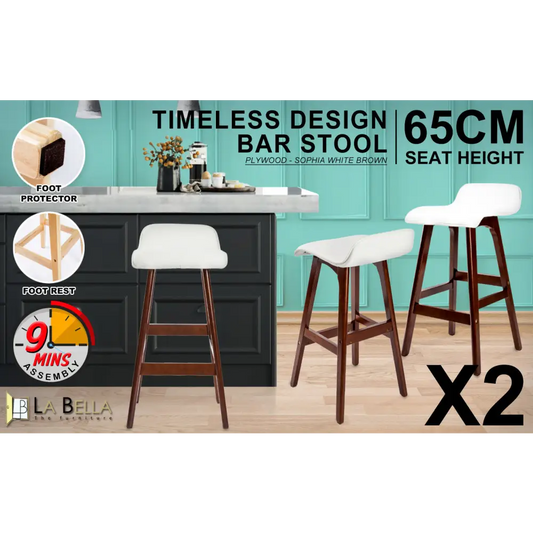 2x Wooden Bar Stool Dining Chair Leather Sophia 65cm White Brown
