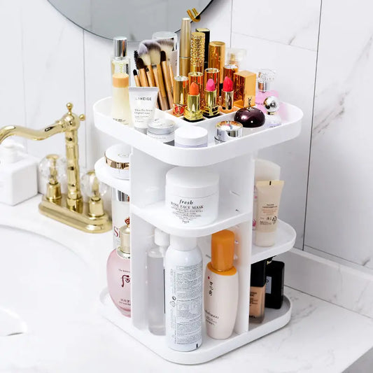 360 Rotating Large Capacity Makeup Organizer for Bedroom and Bathroom (white) | White Three-tier Makeup Organizer