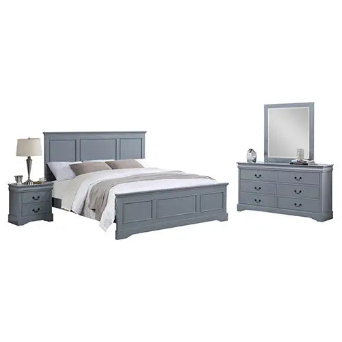 4 Pieces Bedroom Suite in Solid Wood & Mdf King Size Grey Colour Bed Bedside Table Dresser