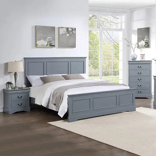 4 Pieces Bedroom Suite in Solid Wood & Mdf King Size Grey Colour Bed Bedside Table Tallboy