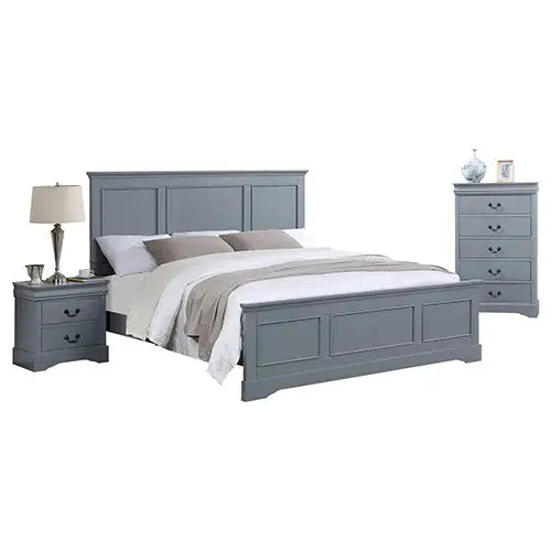 4 Pieces Bedroom Suite in Solid Wood & Mdf King Size Grey Colour Bed Bedside Table Tallboy