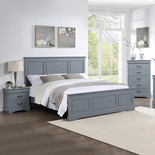 4 Pieces Bedroom Suite in Solid Wood & Mdf Queen Size Grey Colour Bed Bedside Table Tallboy