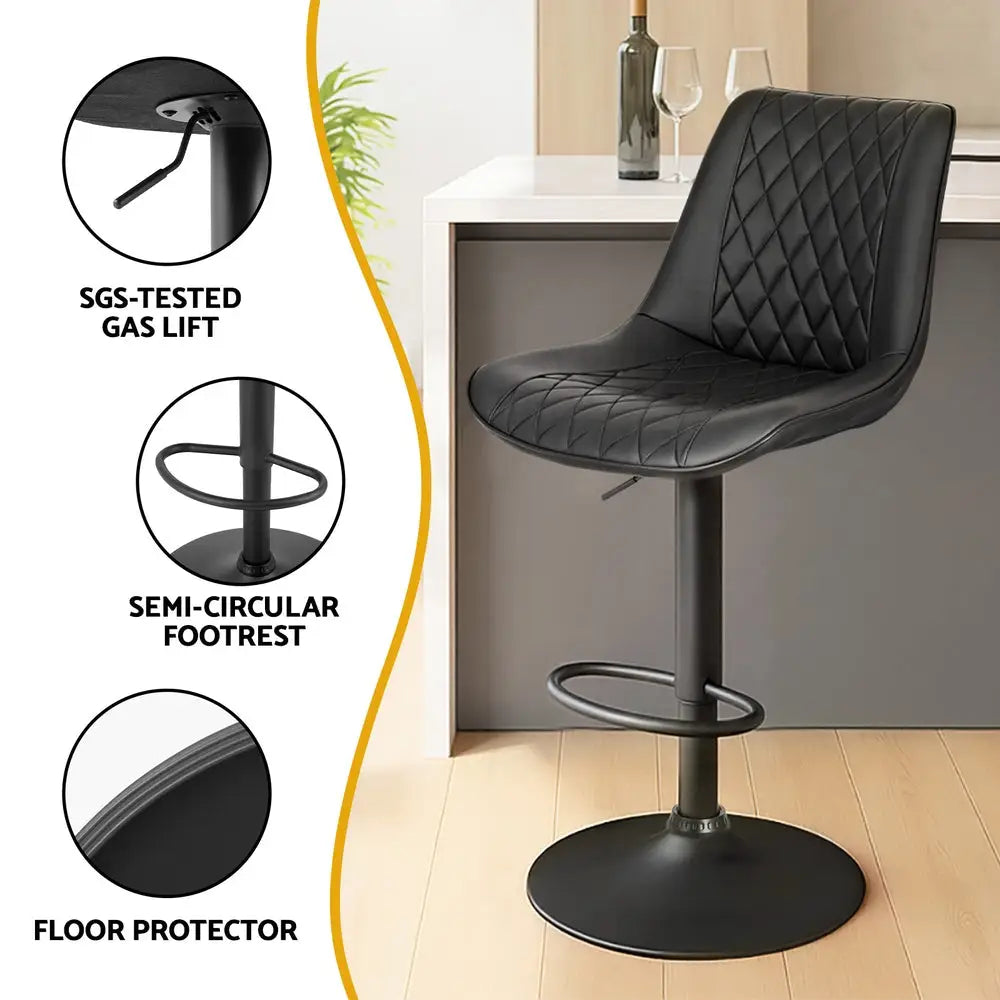 4x Bar Stools Kitchen Swivel Gas Lift Counter Chair Diamond Leather Black