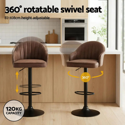 4x Bar Stools Kitchen Swivel Gas Lift Counter Chair Shell Leather Brown