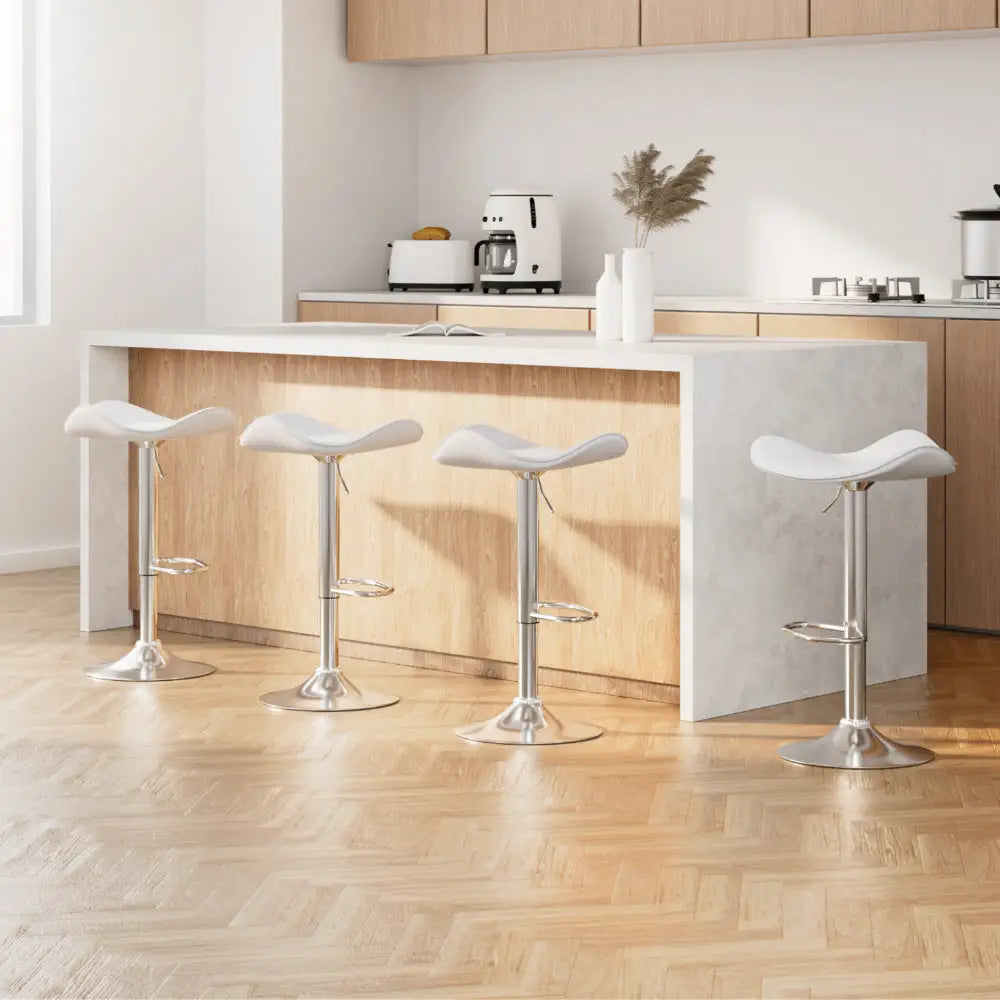 4x Bar Stools Leather Gas Lift Chair White