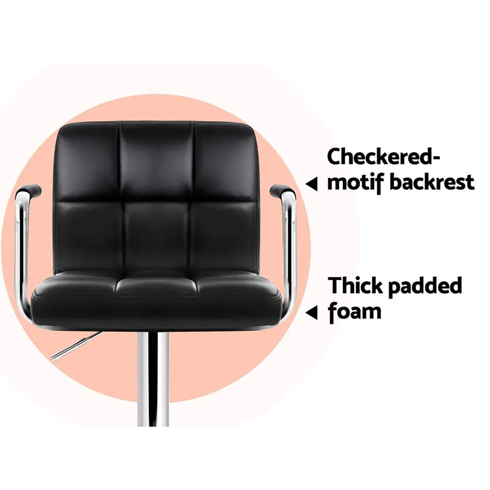 4x Bar Stools Leather Gas Lift W/armrest Black