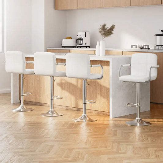 4x Bar Stools Leather Gas Lift W/armrest White