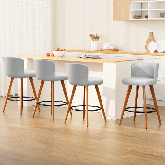 4x Bar Stools Linen Padded Wooden Grey