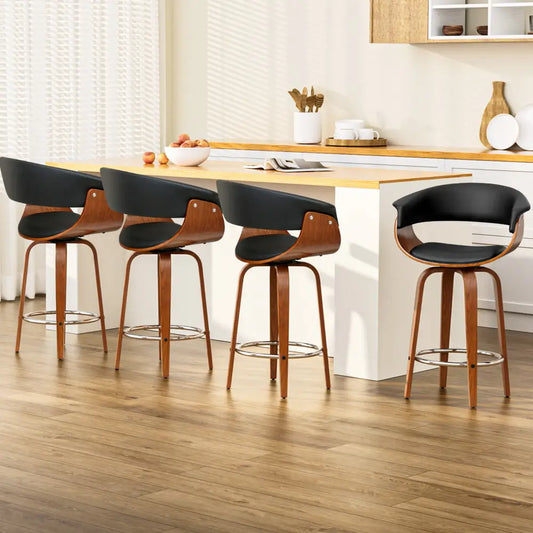 4x Bar Stools Swivel Pu Seat Wooden