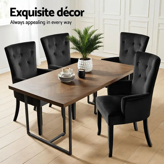4x Dining Chairs Velvet French Provincial Armchair Black