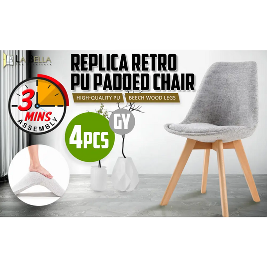 4x Retro Dining Cafe Chair Padded Seat Grey
