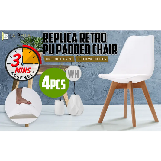 4x Retro Dining Cafe Chair Padded Seat White