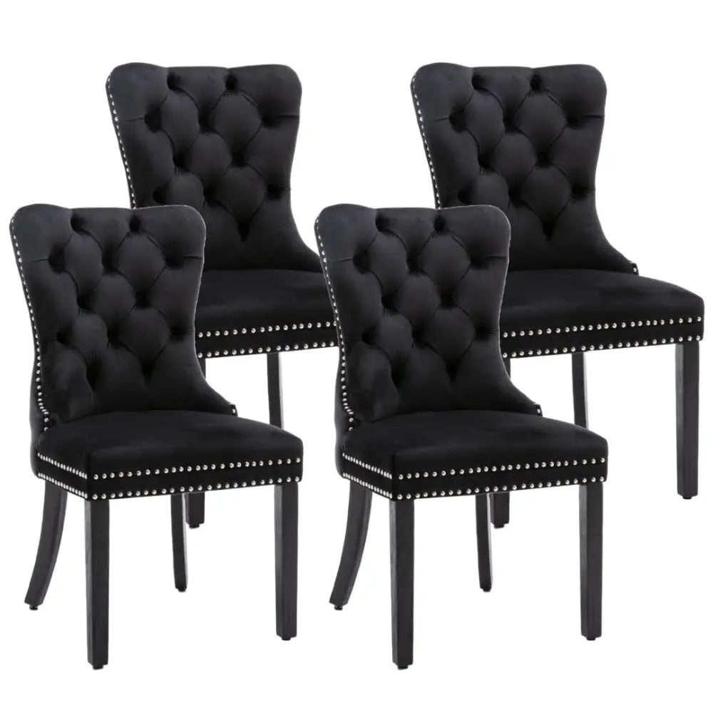 4x Velvet Dining Chairs Upholstered Tufted Kithcen Chair with Solid Wood Legs Stud Trim and Ring-black