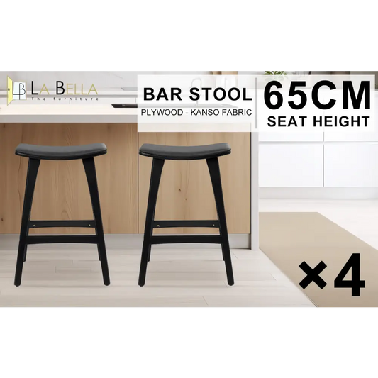 4x Wooden Bar Stool Padded Pu Leather Dining Chair Kanso 65cm Black