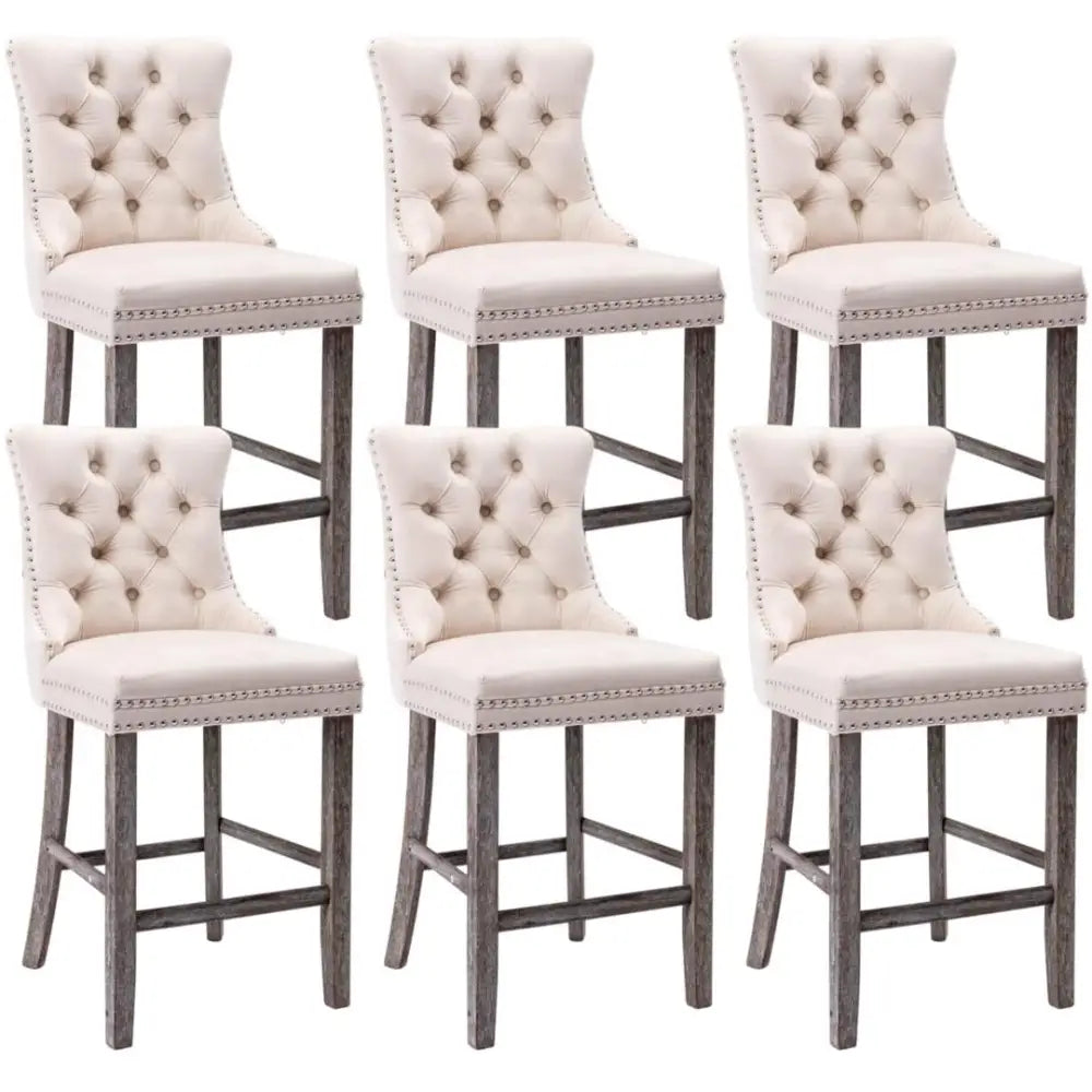 6x Velvet Bar Stools with Studs Trim Wooden Legs Tufted Dining Chairs Kitchen