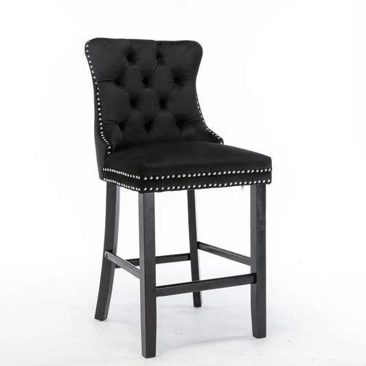 6x Velvet Bar Stools with Studs Trim Wooden Legs Tufted Dining Chairs Kitchen