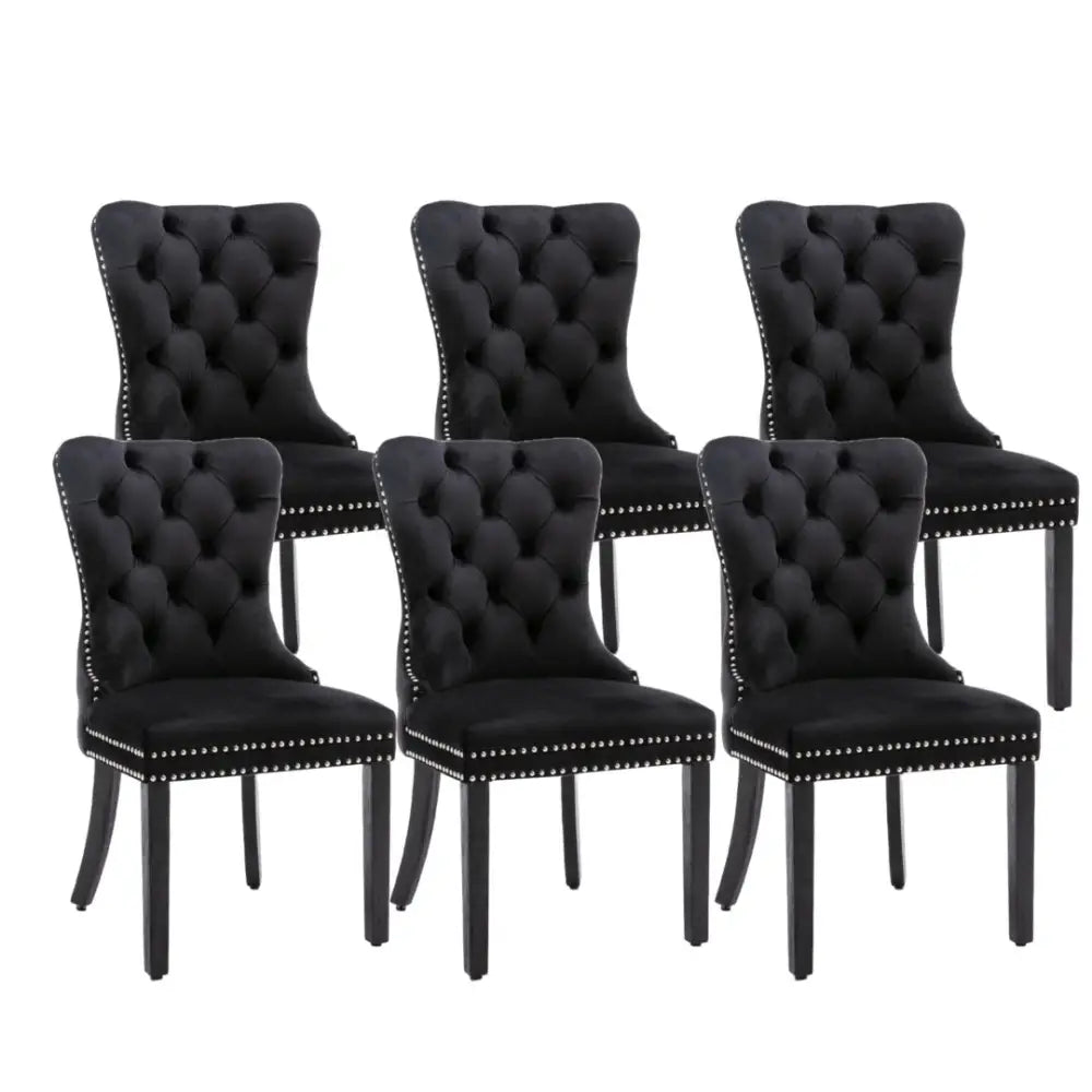 6x Velvet Dining Chairs Upholstered Tufted Kithcen Chair with Solid Wood Legs Stud Trim and Ring-black