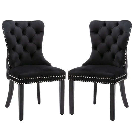 6x Velvet Dining Chairs Upholstered Tufted Kithcen Chair with Solid Wood Legs Stud Trim and Ring-black