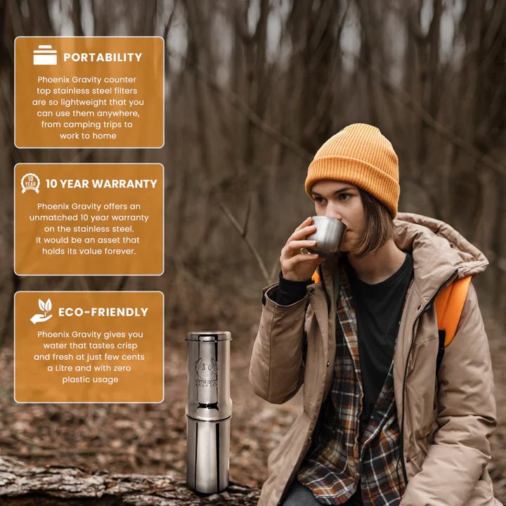 1l Premium Stainless Steel Gravity Mini Water Filter with Smart Carbon