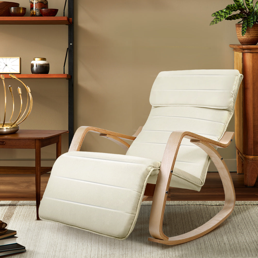 Artiss Rocking Armchair Bentwood Frame With Footrest Beige Afton Furniture > Living Room