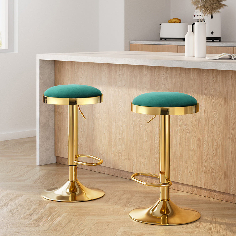 2x Bar Stools Kitchen Dining Chairs Velvet Padded Stool Green