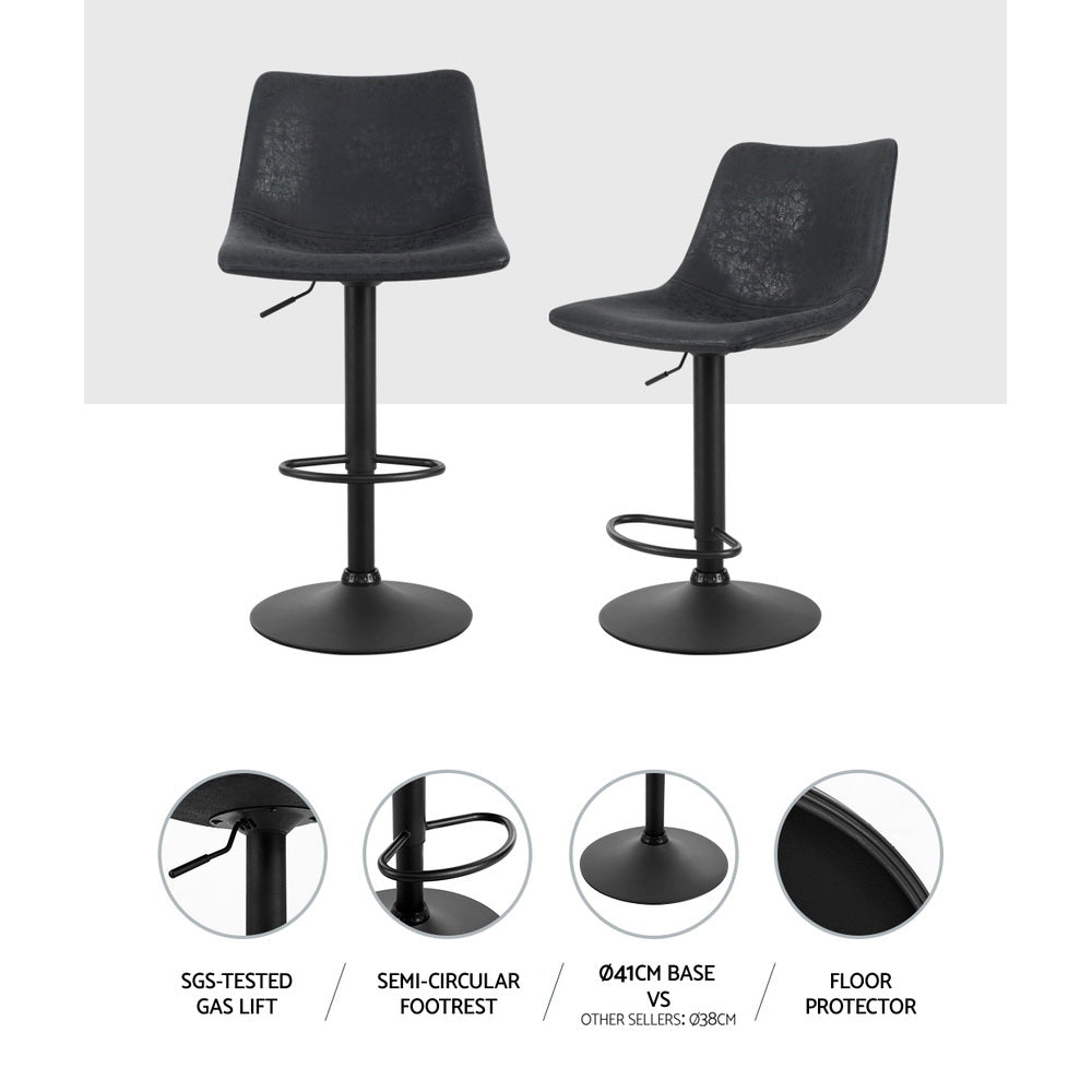 Artiss 2x Bar Stools Vintage Leather Swivel Gas Lift Black - Furniture > Bar Stools & Chairs > Table & Bar Stools