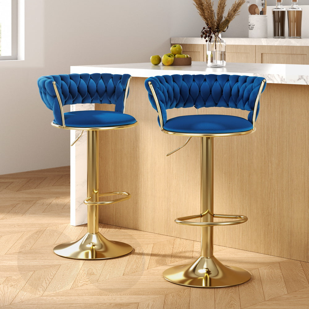 Artiss 2x Bar Stools Gas Lift Velvet Woven Backrest Navy - Furniture > Bar Stools & Chairs > Table & Bar Stools