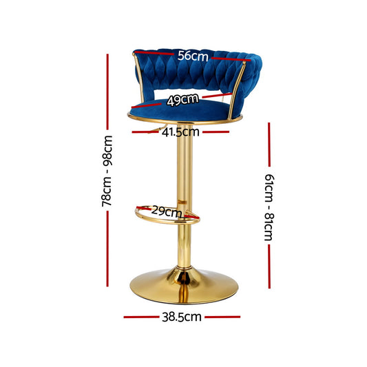 4x Bar Stools Gas Lift Velvet Woven Backrest Navy - Furniture > Bar Stools & Chairs > Table & Bar Stools