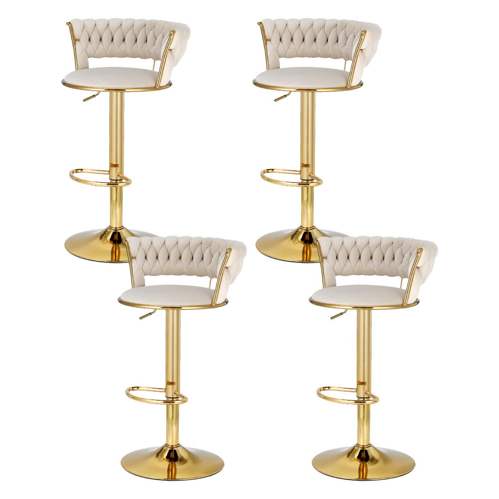 Artiss 4x Bar Stools Gas Lift Velvet Woven Backrest Ivory - Furniture > Bar Stools & Chairs > Table & Bar Stools