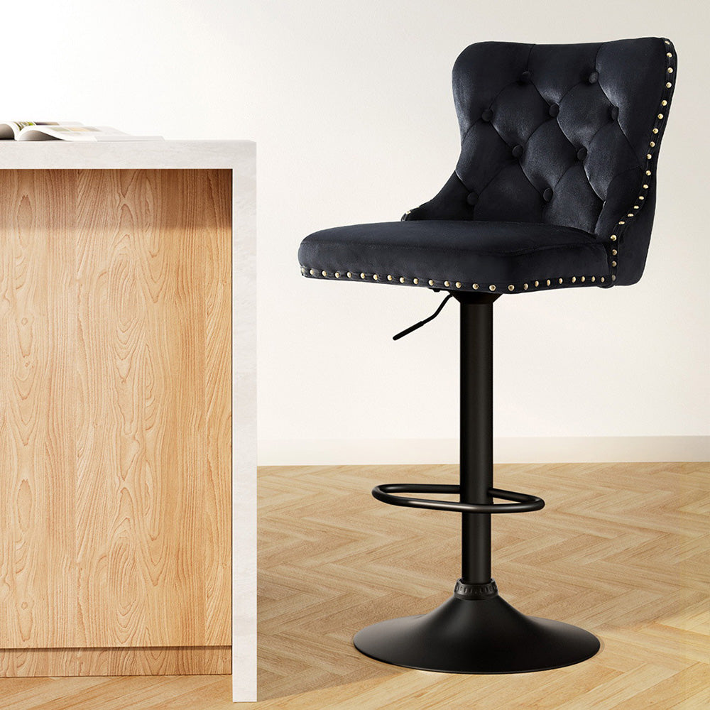 Artiss 1x Velvet Bar Stool Adjustable Height Nailhead Trim Kitchen Counter Stool - Furniture > Bar Stools & Chairs >
