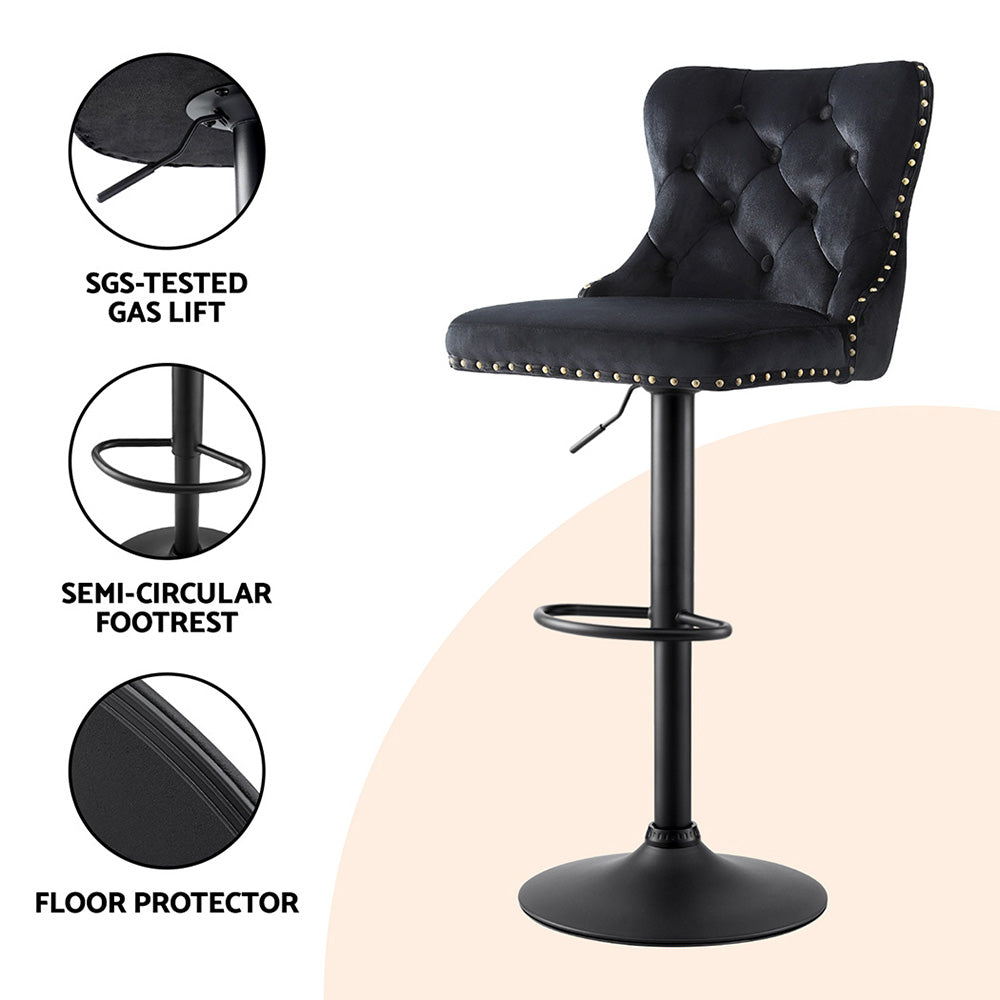 Artiss 2x Velvet Bar Stool Adjustable Height Nailhead Trim Kitchen Counter Stool - Furniture > Bar Stools & Chairs >