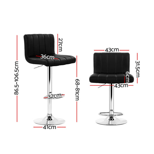 2x Bar Stools Gas Lift Leather Chairs Black - Furniture > Bar Stools & Chairs > Table & Bar Stools