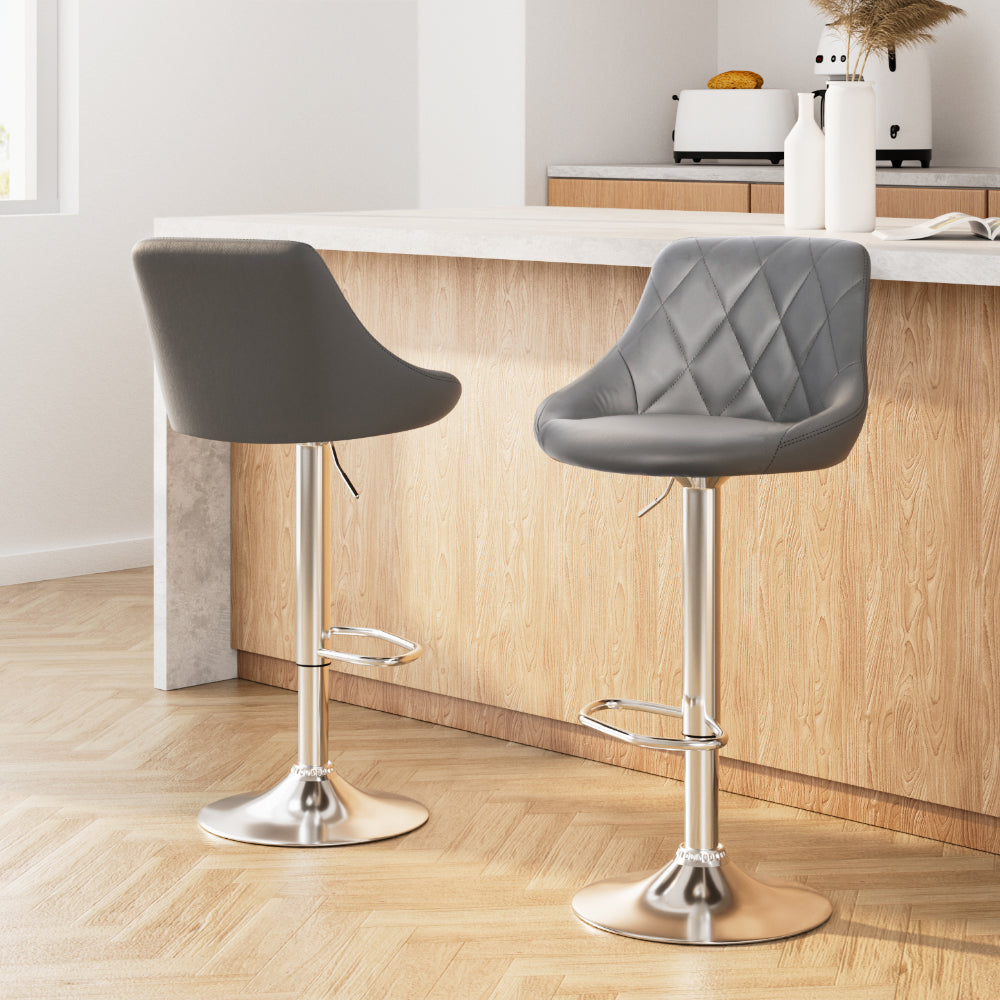 Artiss 2x Bar Stools Leather Padded Gas Lift Grey - Furniture > Bar Stools & Chairs > Table & Bar Stools