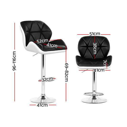 2x Bar Stools Gas Lift Padded Leather Black & White - Furniture > Bar Stools & Chairs > Table & Bar Stools