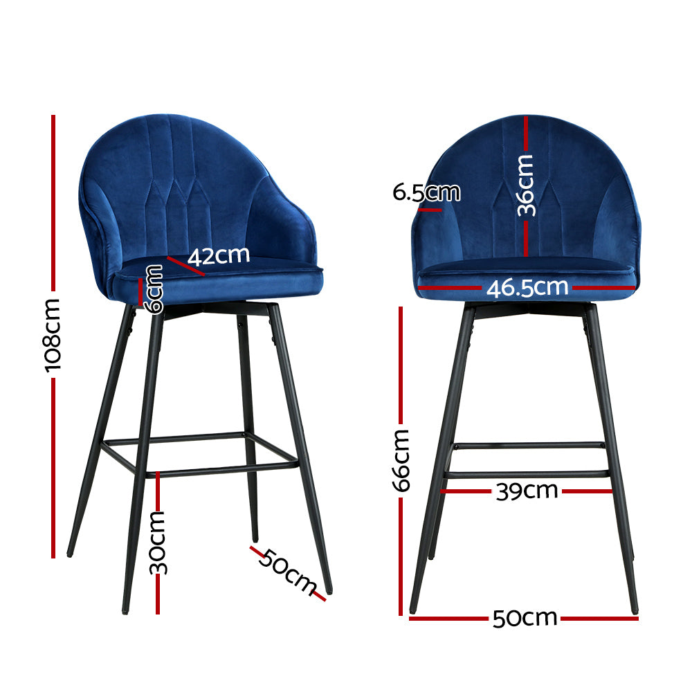 Artiss 2x Bar Stools Velvet Swivel Metal Legs Blue - Furniture > Bar Stools & Chairs > Table & Bar Stools
